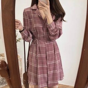 Long-Sleeve Plaid Mini A-Line Shirtdress